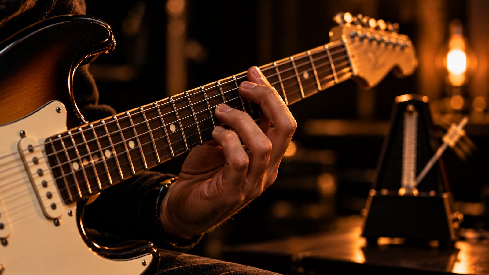 Braço de guitarra em destaque com metrônomo desfocado ao fundo