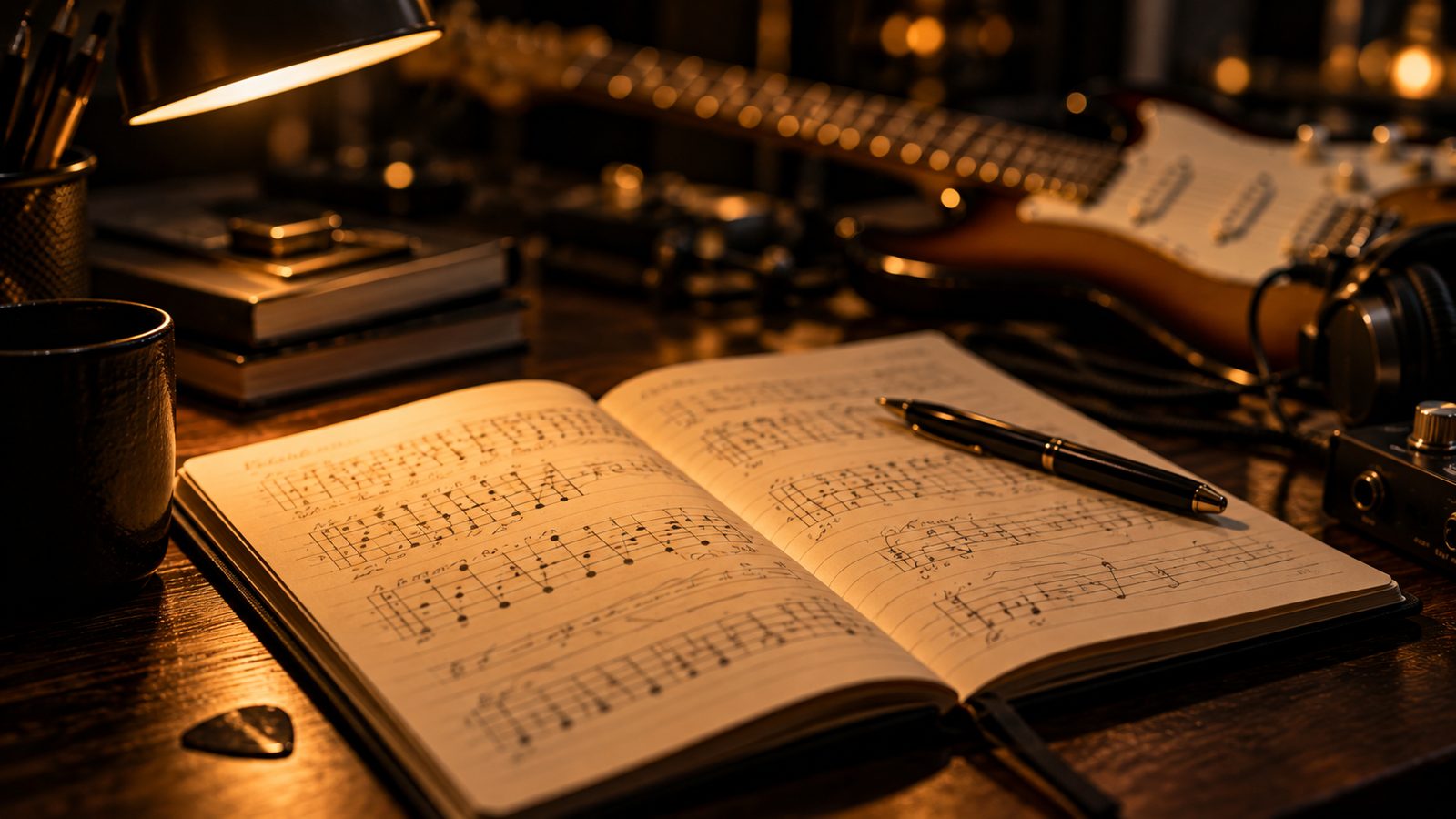 Caderno de anotações com diagramas de escalas de guitarra desenhados à mão