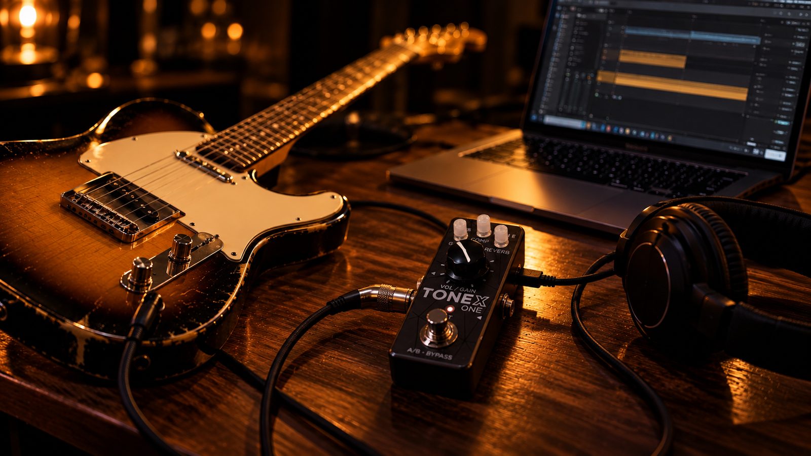 Guitarra conectada a pedal de modelagem de amplificador e laptop, sem amplificador na cena
