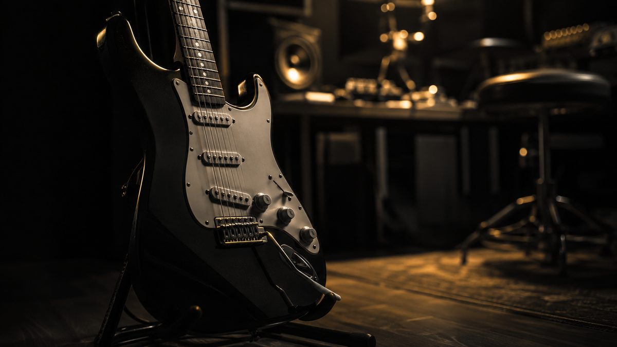 Guitarra apoiada, pronta para a sessão de prática